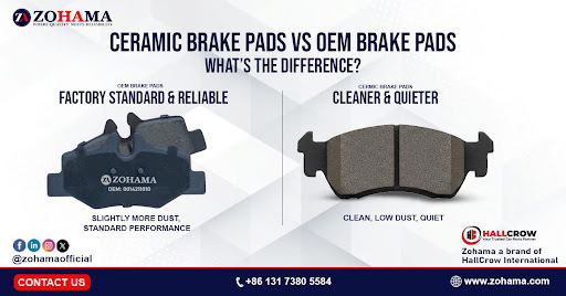 Comparison of ceramic and OEM brake pads highlighting their material composition, performance benefits, braking efficiency, and ideal use cases for different driving needs.
