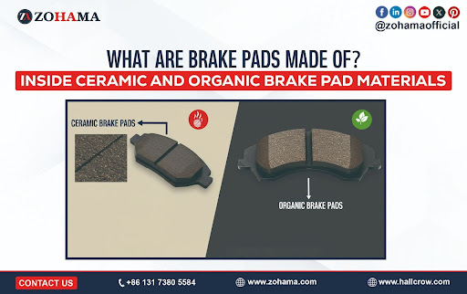 Close-up of ceramic brake pads showing dense ceramic fibers and metal particles used for heat conductivity and performance
