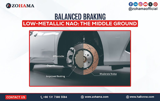 Low-metallic NAO brake pads with balanced metal-organic composition for improved braking and heat dissipation.