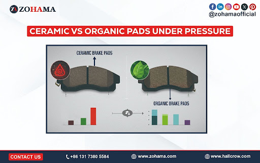 Side-by-side performance comparison of ceramic vs organic brake pads showing dust levels, heat resistance, and durability for different driving conditions