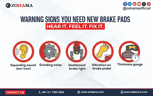 Brake pad wear warning signs including squealing noise, grinding, dashboard lights, and reduced stopping performance.