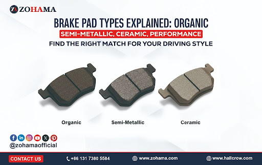 Types of brake pads for cars including organic, semi-metallic, ceramic, low-metallic, and performance options.