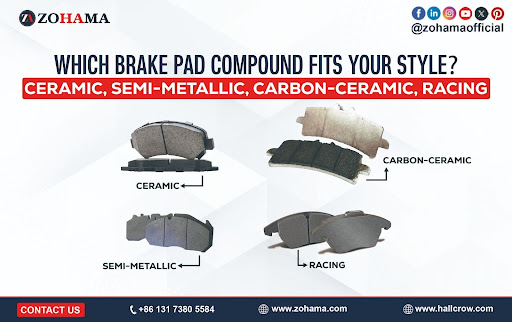 Close-up of different high-performance brake pads including semi-metallic, ceramic, carbon-ceramic, and racing compounds, showing their unique designs and use cases. 