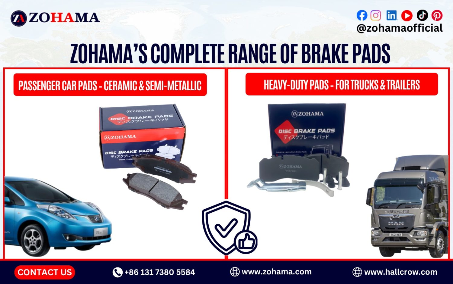 Zohama offers a comprehensive selection of brake pads suitable for everything from light vehicles to heavy-duty commercial fleets.