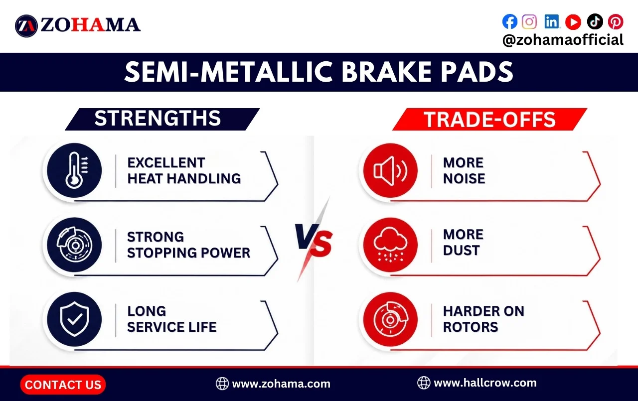 Strengths and trade-offs of semi-metallic brake pads.