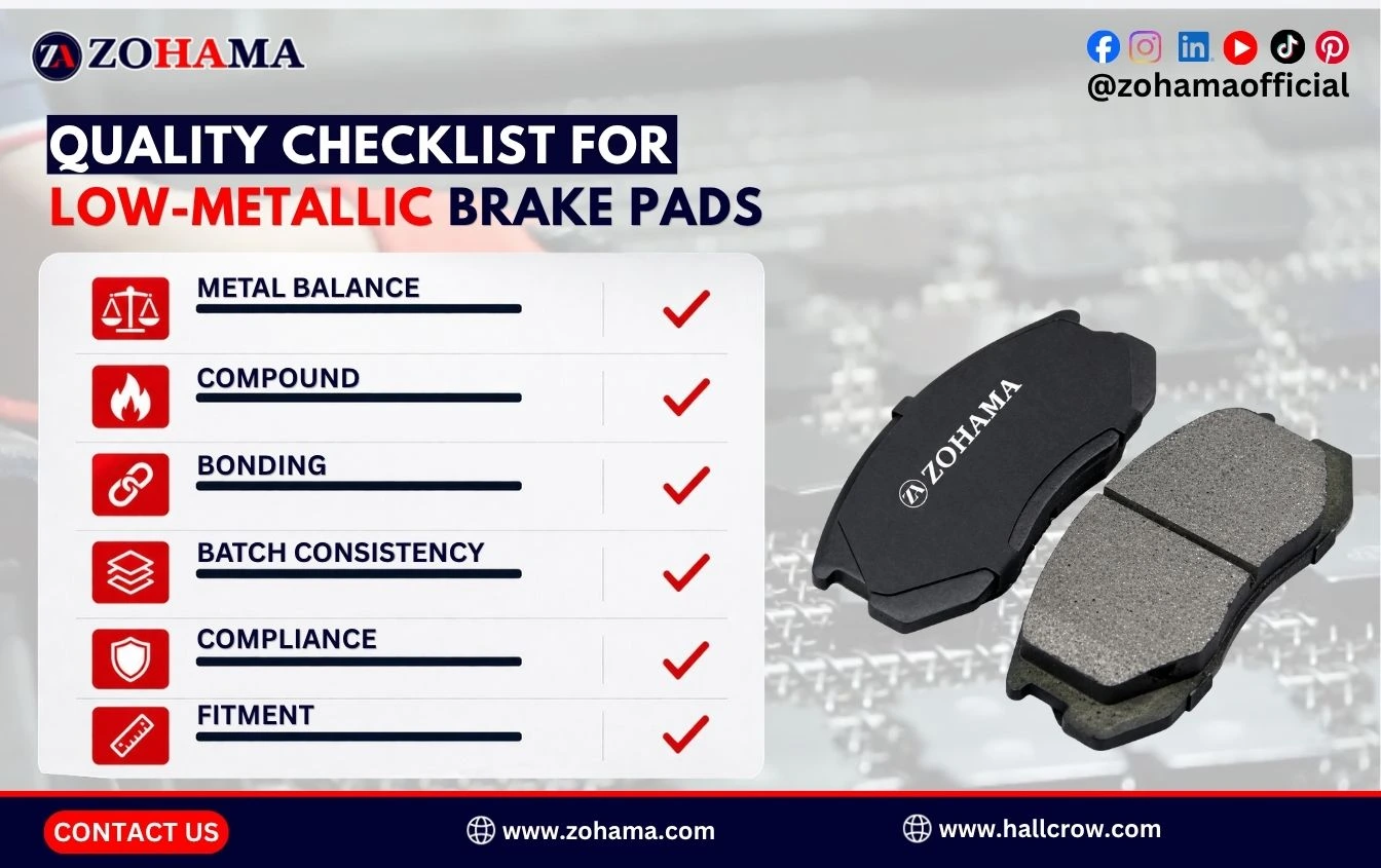Quality checklist for low-metallic brake pads.