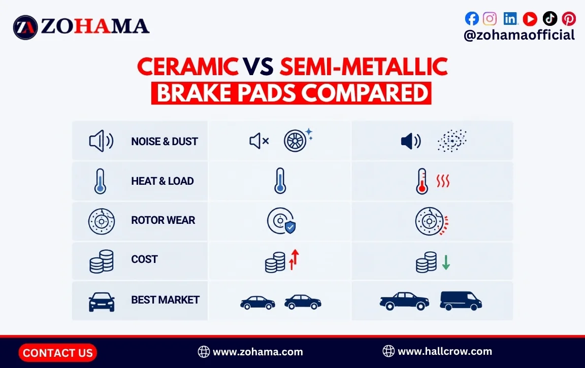 Ceramic versus semi-metallic brake pads compared.