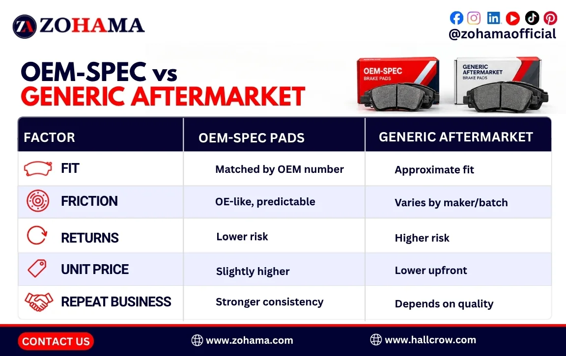 OEM-spec versus generic aftermarket brake pads compared.