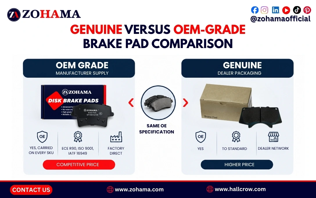Genuine versus OEM-grade brake pad comparison.
