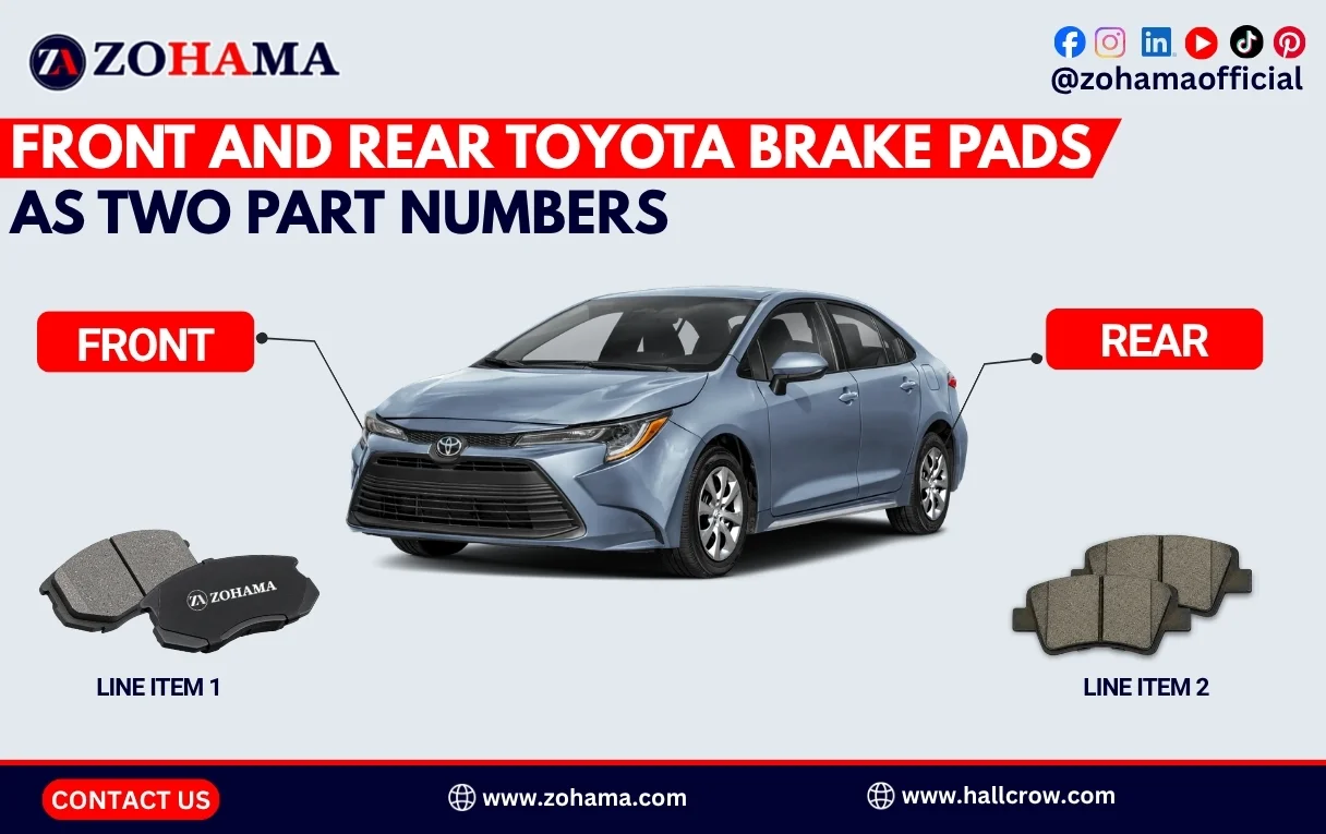 Front and rear Toyota brake pads as two part numbers.